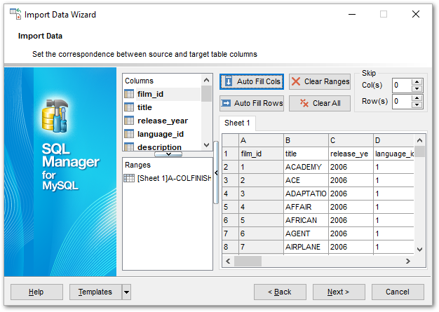 Import Data - Setting fields correspondence - Excel