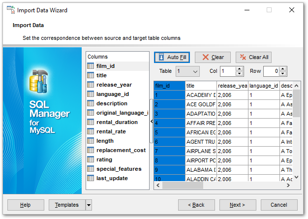 Import Data - Setting fields correspondence - HTML