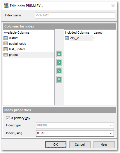 Index Editor - Editing index definition