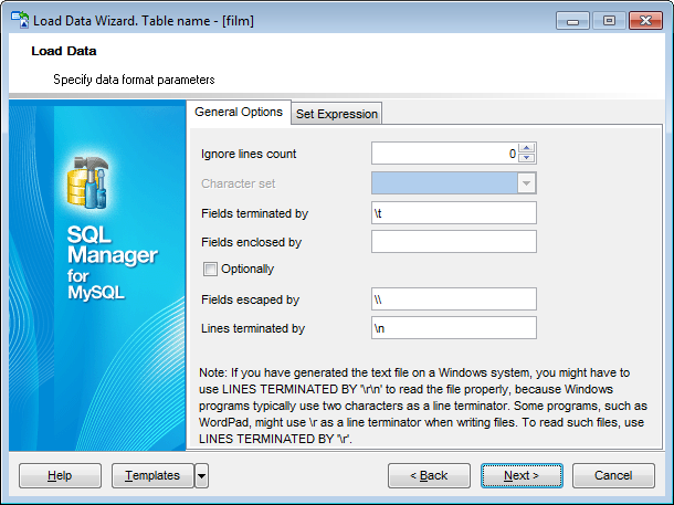 Load Data Wizard - Specifying data format parameters