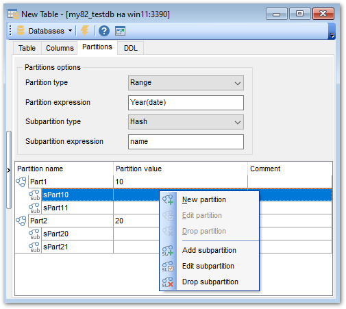 New Table - Partitions