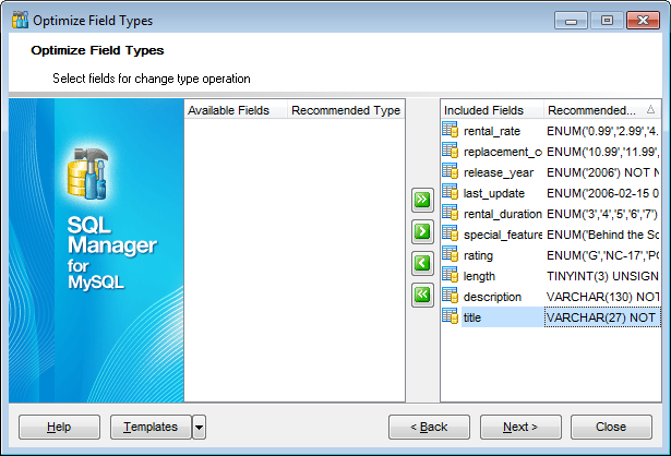 Optimize field types wizard - Selecting fields for changing