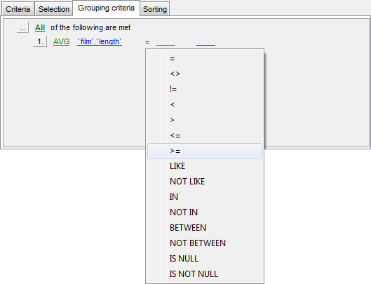 Query Builder - Setting grouping criteria