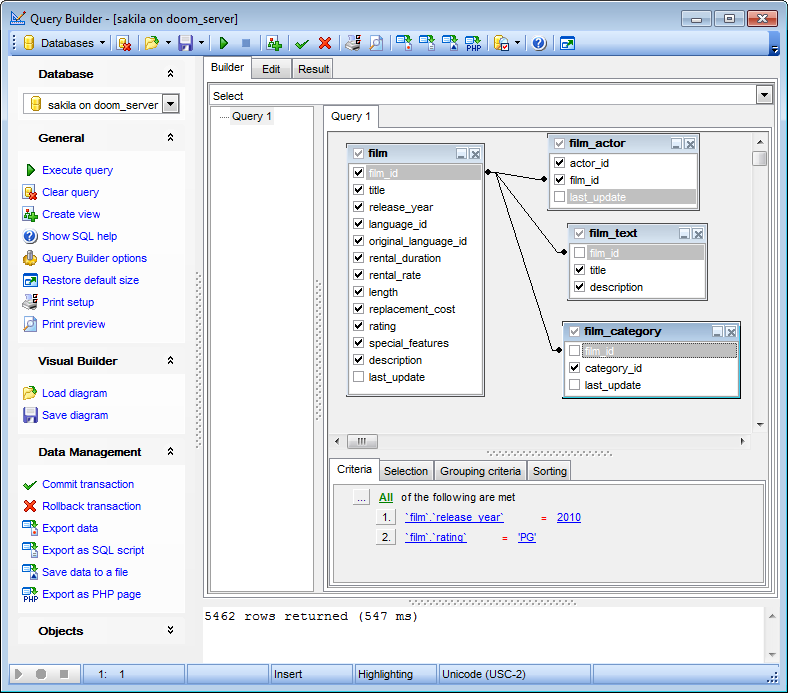 Query Builder - Working with diagram area