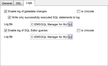 Register Database wizard - Setting specific options - Logs