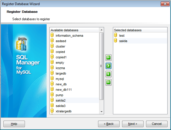 Register Host Wizard - Selecting databases