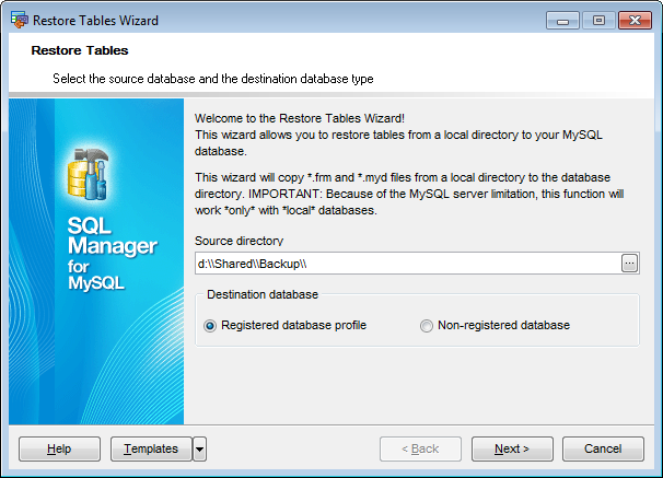 Restore Tables - Setting the source directory