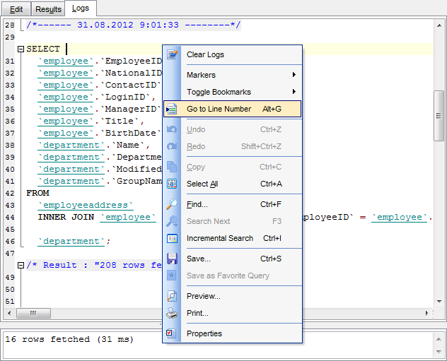 SQL Editor - Viewing query logs