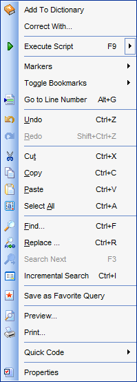 SQL Script Editor - Popup Menu