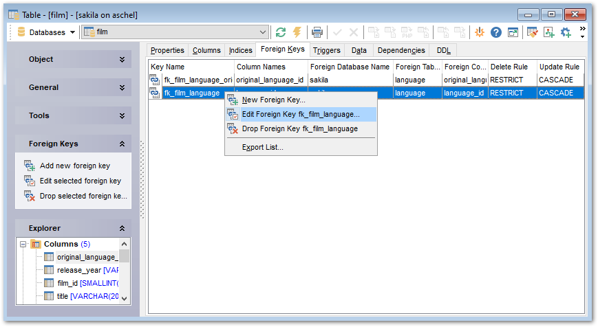 Table Editor - Managing foreign keys