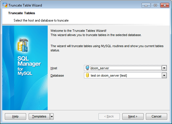 Truncate Tables Wizard - Selecting database