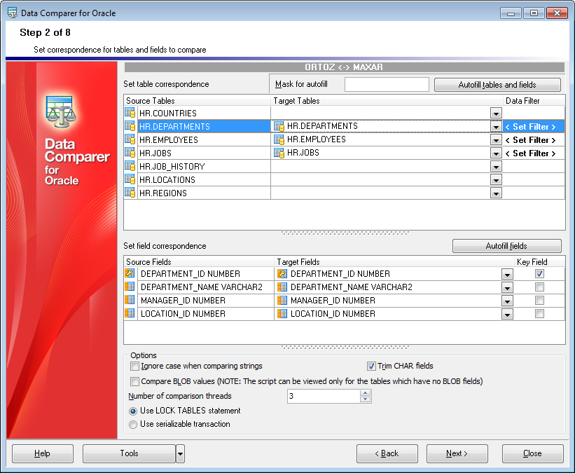 Step 2 - Setting tables and fields correspondence