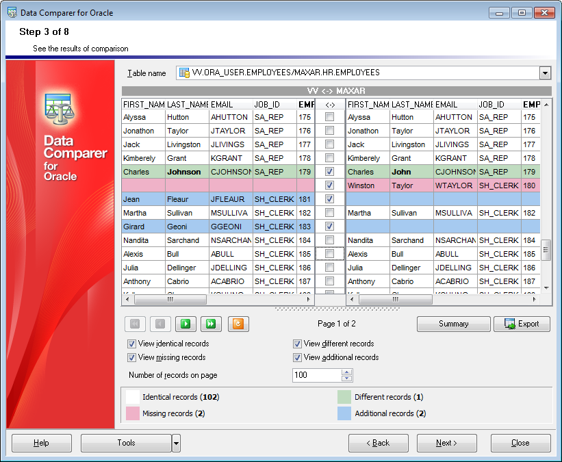 Step 3 - Browsing data comparison results