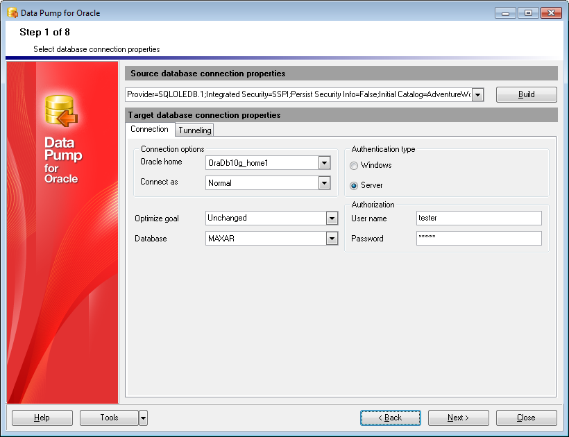 Step 1 - Setting connection properties