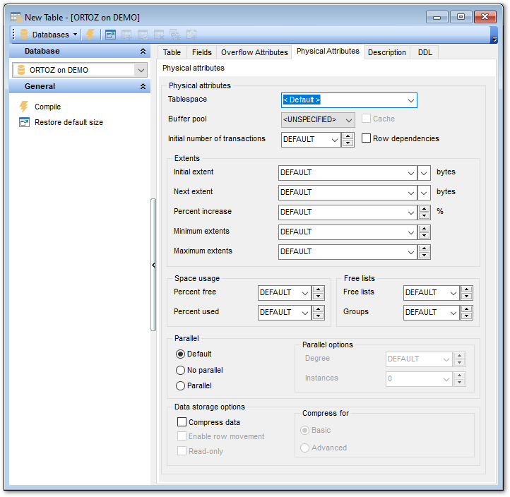 New table - Setting physical attributes