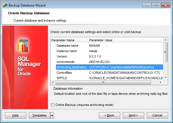 Backup Database - Checking database and instance settings