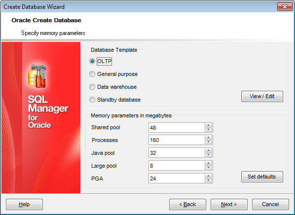 Create Database Wizard - Setting memory parameters