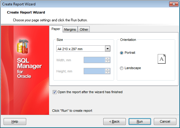 Create Report - Specifying paper settings