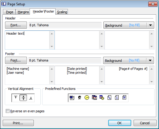 Data View - Print Data - Page Setup - Header and Footer