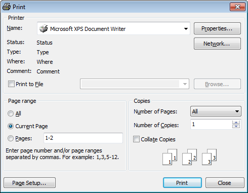 Data View - Print Data - Print dialog