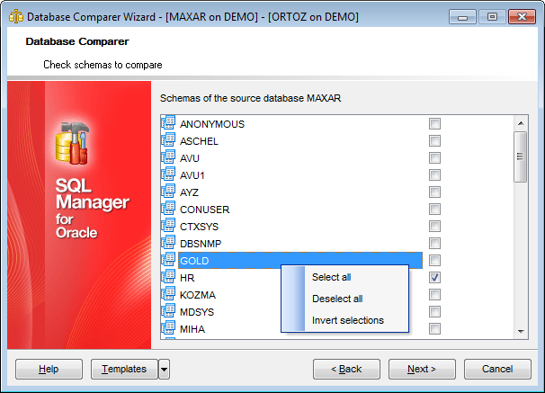 Database Comparer Wizard - Select source schemas