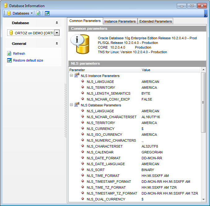 Database Information - Common Parameters