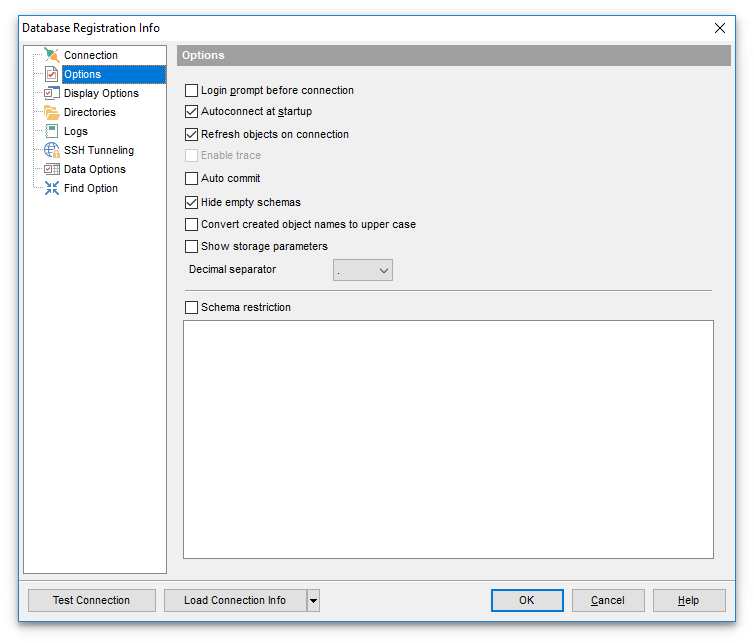 Database Registration Info - Setting common database options