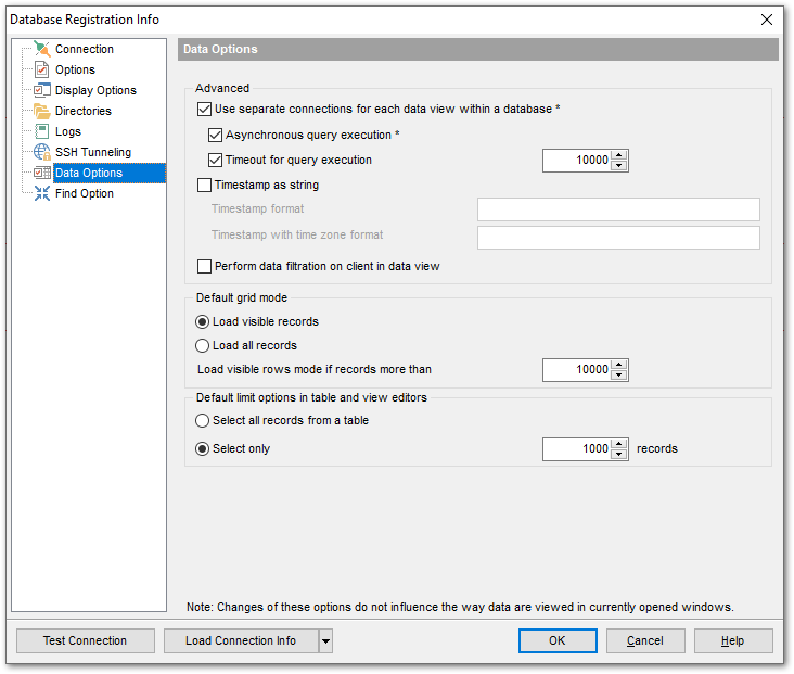 Database Registration Info - Setting data options