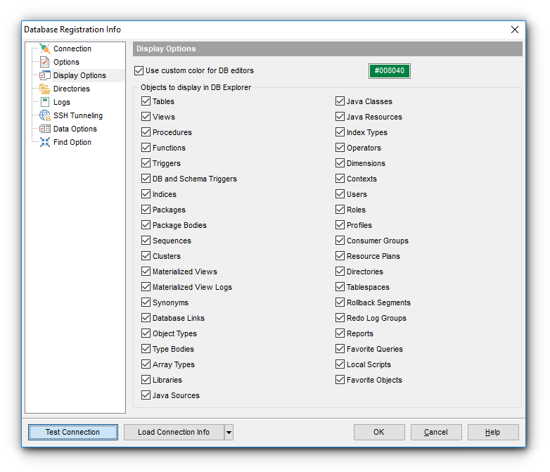 Database Registration Info - Setting display options