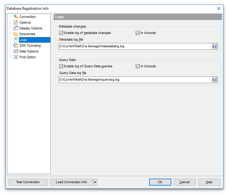 Database Registration Info - Setting log options