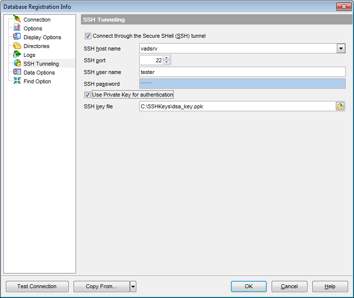 Database Registration Info - Setting SSH tunnel options