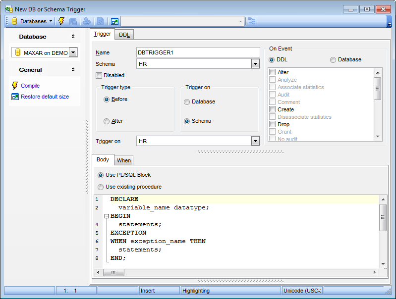 DB and Schema Trigger Editor - Editing trigger definition