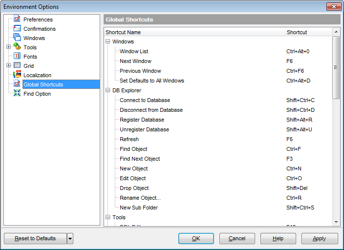 Environment Options - Global Shortcuts