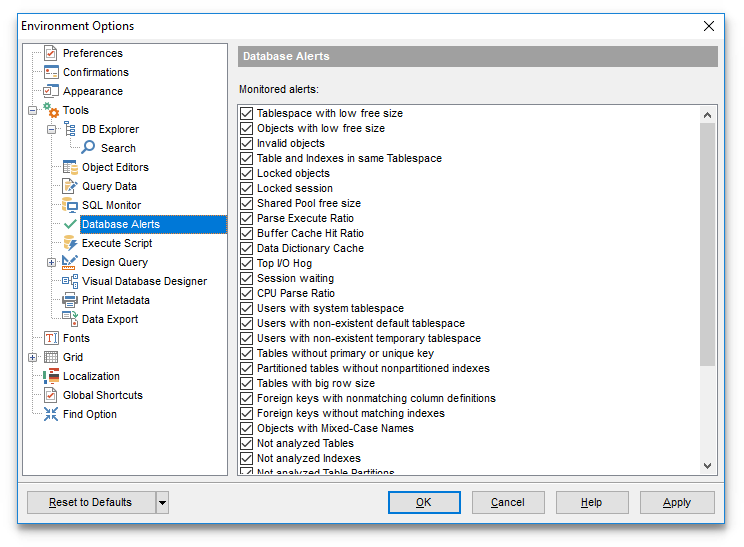 Environment Options - Tools - Database Alerts Settings