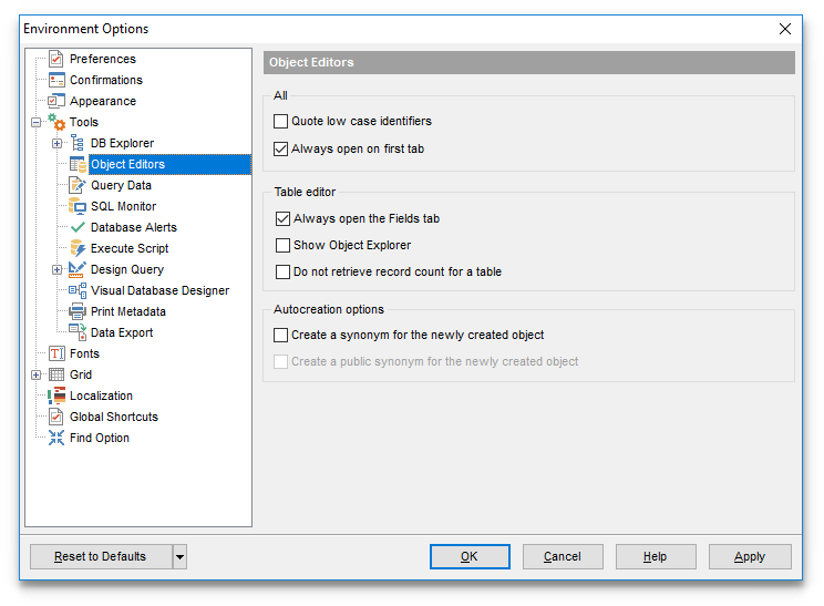 Environment Options - Tools - Object Editors