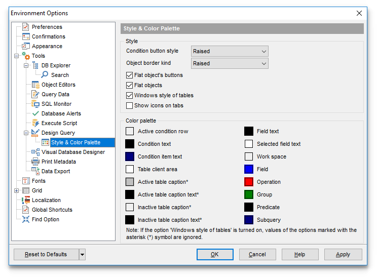 Environment Options - Tools - Query Builder - Style & Color