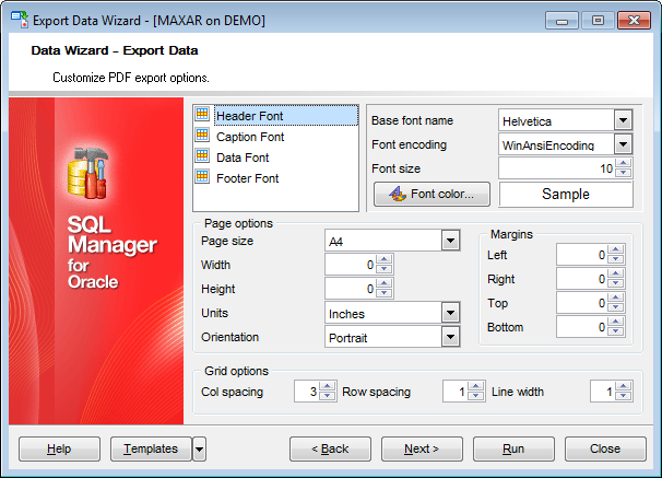 Export Data - Format-specific options - PDF