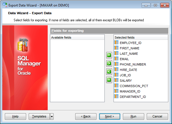 Export Data - Selecting fields for export