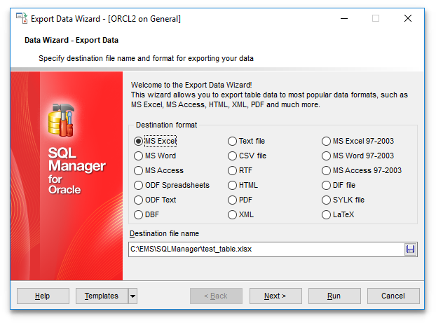 Export Data - Setting destination file name and format