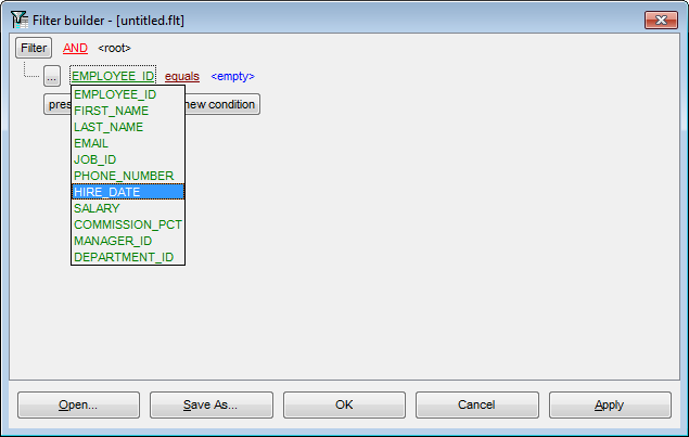 Filter Builder dialog - Setting filter criteria