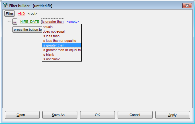 Filter Builder dialog - Setting filter operator