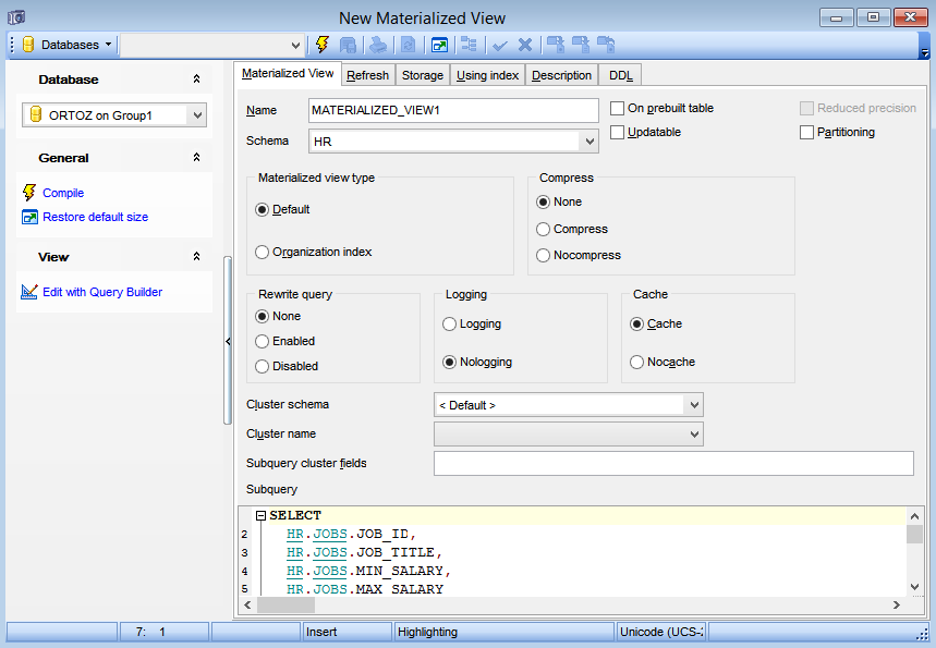 Materialized View Editor - Editing Materialized View definition