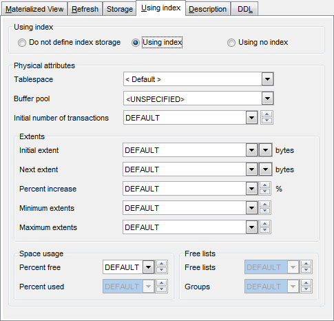 Materialized View Editor - Setting index parameters