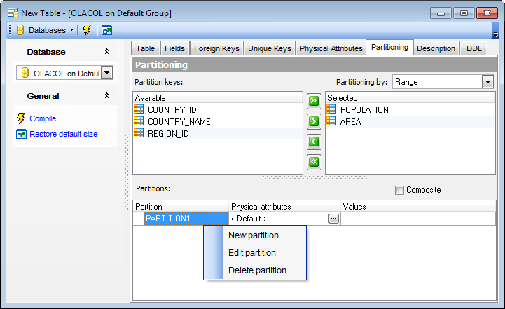 New table - Partitioning