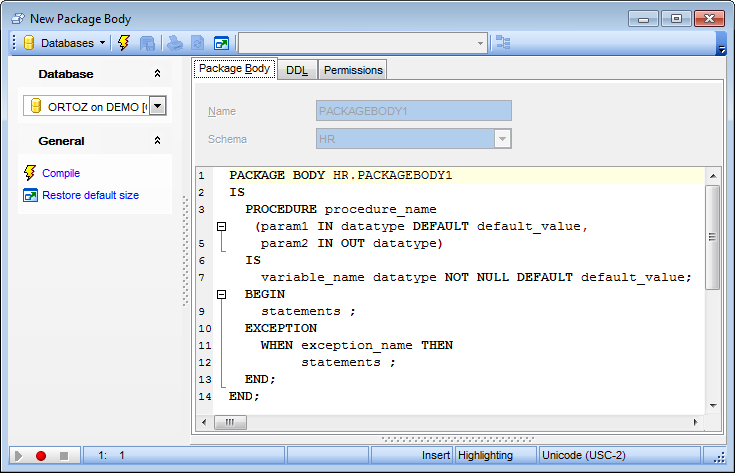 Package Body Editor - Editing Package Body definition