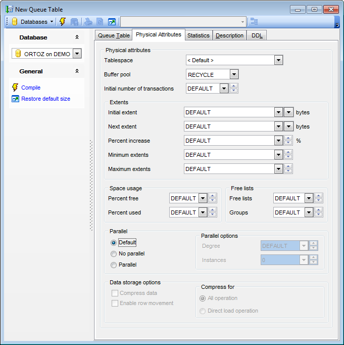 Queue Table Editor - Defining physical attributes