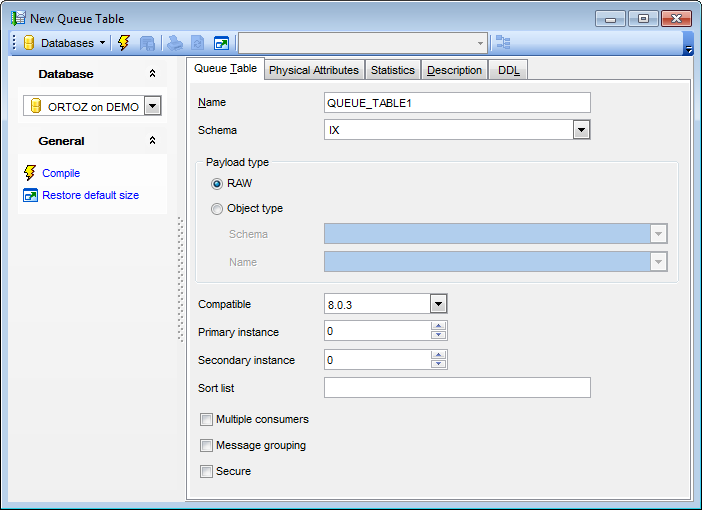 Queue Table Editor - Editing Queue Table definition