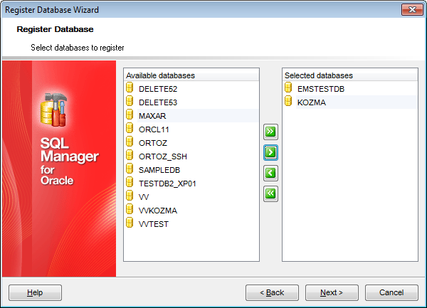 Register Database Wizard - Selecting databases