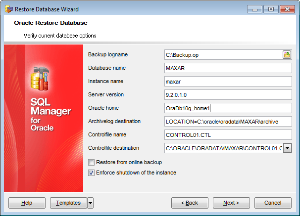 Restore Database - User-managed script - Verifying current DB options