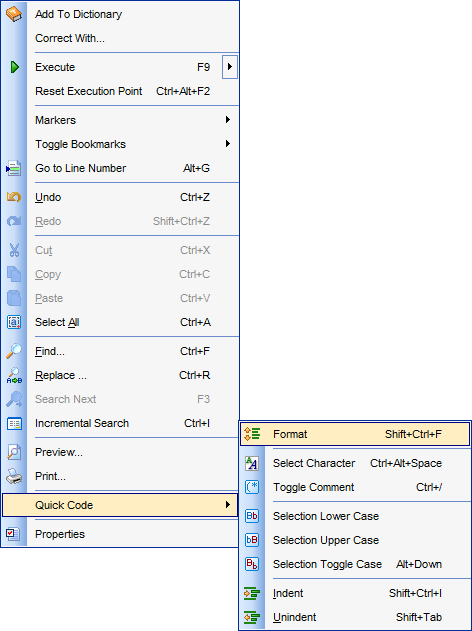 SQL Editor - Using the context menu